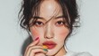 © wanatithan - Colorful Nail polish pattern and model woman with Bottles of nail polish,Set pastel colors nail polish,studio makeup,beauty,fashion concept,space for text.