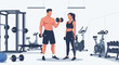© Anton AL Ghifari - Illustration of a man and woman in athletic wear exercising with dumbbells in a modern gym with various workout equipment.