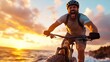 © Larisa AI - A jubilant cyclist rides along a beautiful coastal path at sunset, reflecting joy and freedom, with the ocean waves crashing in the background, creating a lively and energizing scene.
