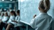 © Larisa AI - A focused young girl in a classroom writes on a chalkboard, representing education and childhood learning, highlighting engagement and the pursuit of knowledge among peers.