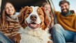© Larisa AI - A cheerful dog smiles broadly in front of its human companions, capturing a delightful moment of companionship and joy in an outdoor setting, showcasing happiness and love.