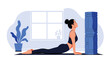 © Reginald - Young woman practicing cobra yoga pose on a mat in a bright minimalist room with an indoor plant and a large blue foam roller.