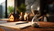 © Kartika - Hourglass, Contract, and Miniature House on Wooden Table.