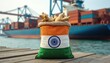 © miss irine - Indian flag bag holds fresh ginger roots on wooden dock. Cargo ships and cranes wait in port for international spice export. Global trade connection for Indian goods.