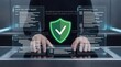 © Erika - Cyber security audit and system access log interface with a green shield icon on a tablet, showing protocol checks and data protection for modern business organizations, glow, tech
