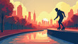 © Khelga Volkova - Skateboarder performing tricks at sunset near city skyline