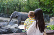 © leungchopan - Mother holding baby watching elephant at zoo park