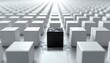 © syaura - Single black block prominently positioned amidst a vast array of identical white cubes, representing the powerful concept of individuality and strategic differentiation