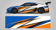 © Lailatul - Side view of a blue and orange race car with dynamic racing stripes and graphics.