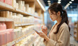 © Vadym - Young Asian woman holds cosmetic jar and checks phone in store. She compares products on shelf, making informed purchase decision. Shopper researches beauty items in retail space.