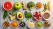 © Green Man - Minimalistic healthy food layout with fresh fruits, vegetables, and superfoods placed on a light background, symbolizing simplicity and clean nutrition.