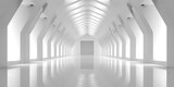 A stark white, modern hallway with clean lines, repeating architectural elements, and a glossy, reflective floor, leading to a distant door