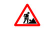 © IMRONI - Red triangular warning sign depicting a worker with a shovel, indicating road construction or men at work, on an isolated white background.