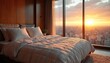 © Pete - Luxurious bedroom with large window displays city skyline at sunset. Comfortable bed with soft pillows invites rest. Warm sunlight fills spacious room, creating peaceful ambiance.