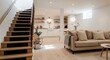 © GREEN - Cozy basement living room with kitchenette and inviting sofa area, light wood floors, interior design