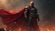 © Viktor - Armored warrior with red cape stands amid fire embers. Strong hero in helmet, dark background with smoke. Gladiator ready for battle, epic cinematic scene. Roman soldier, fantasy fight.