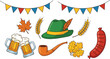 © Sarmen  - Oktoberfest elements set with beer mugs sausage hat leaves wheat and festive decorations traditional German festival vector illustration