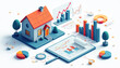 © Viktor - Isometric house with financial charts and graphs. Data visualization shows real estate market analysis and investment growth. Concepts include business finance property trends and economic planning.