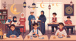 © ArchVista Studio - A cheerful illustration depicting a young man breaking his fast during Ramadan. Perfect for content related to religious celebrations, cultural tradit