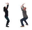 © Curto - side view of a woman and a man pushing or holding something imaginary