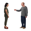 © Curto - A man handing a small imaginary object to a woman.