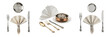 © Rama - Elegant Table Setting Set with Silver and Gold Cutlery, Napkin Fan, and Copper Serving Bowl Isolated on White Background