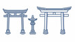 © Nuryati - Stylized graphic featuring two torii gates and a stone lantern in blue and white