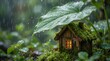 © Praphapan - A Tiny moss house protects from the pouring rain, evoking a feeling of serenity and fairy-tale. The leaves creating a beautiful canopy over the home and protecting it from rain