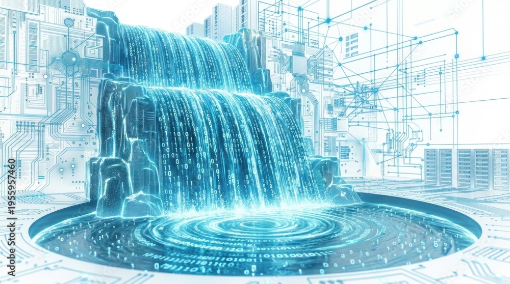 Computer Code Waterfall Futuristic data waterfall cascades into a pool of binary code ...