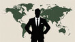 © KHAN - Confident businessman standing in front of a world map background symbolizing global leadership and international business strategy