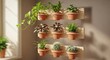 © Majida Bibi - Array of potted plants arranged in a vertical garden on a light-colored wall, bathed in soft sunlight