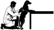 © MSTShahanaz - Black and white silhouette illustration of veterinarian kneeling with stethoscope examining dog standing on hind legs during medical checkup