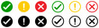 © GraphicSpark - X mark, exclamation point icon set with check mark, tick, wrong, correct, warning symbols. Circle check, cross, alert, caution signs for UI icons, validation, status indicators, vector.