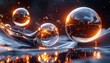 © PandaUniverse - glowing liquid mercury spheres merging in mid-air, dark