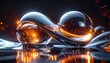 © PandaUniverse - glowing liquid mercury spheres merging in mid-air, dark