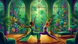 © VIRTA JUHO MIKKO - Two diverse women, one in flowing green attire and the other in purple activewear, gracefully perform advanced yoga warrior poses, embodying physical strength, mental balance, and serene mindfulness