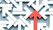 © BPawesome - Single red arrow pointing upward among chaotic white arrows representing standout leadership and strategic direction, 3d render