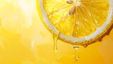 Close-up of lemon slice with dripping juice on a bright yellow background, creating a vibrant citrus freshness concept. Ideal for beverage, food, and summer advertising design.