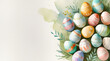© Veronika - Watercolor Easter background featuring hand-painted pastel eggs, delicate patterns, soft brush strokes, subtle paper texture. Clean copy space. For greeting cards, invitations, branding, social media,