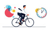 © Chloe - Successful businessman riding a bicycle to work with a large clock in the background symbolizing time management and speed.
