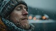 © senadlife - A man with a snowy beard enjoying the winter atmosphere, eyes closed and facial expression reflecting tranquility, capturing the essence of solitude in winter's beauty.