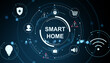© Who is Danny - Smart home IoT interface symbols on dark tech background showing connected devices network concept for modern automation. 3D Rendering