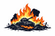 © Mr. Designer - A gray tank on fire with flames and smoke on a pile of rubble and barbed wire on a white background