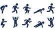 © balma - Stick figure exercise and yoga pose icon set , yoga, and fitness poses on a black background. Ideal for fitness apps, sports websites, health infographics, banners, and presentation materials.
