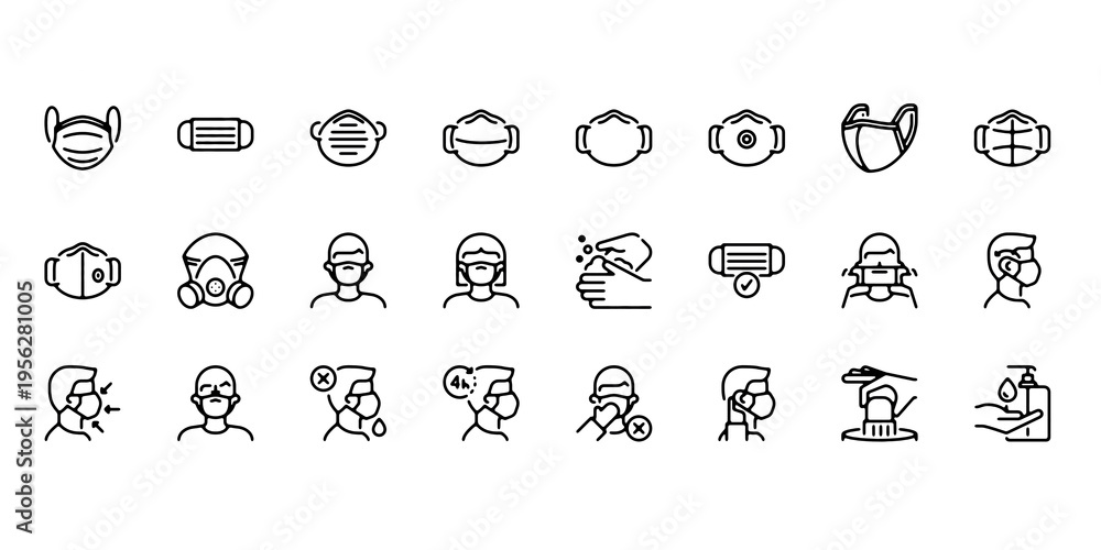 Simple set of outline icons about wear a mask. Editable flat vector and ...