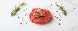 © donchanu - Raw beef steak seasoned with cracked pepper and fresh rosemary sprigs on white marble