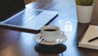 © aoi - ノートPCとコーヒー、セキュリティアイコンが映る在宅ワークのデスク風景