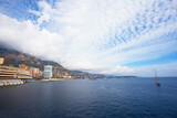 Wieżowiec na wodzie, widok na lazurowe morze i góry, Monaco, Skyscraper on the water, view of the azure sea and mountains, Monaco