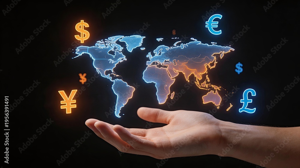 Hand holding a glowing world map with neon currency symbols ...