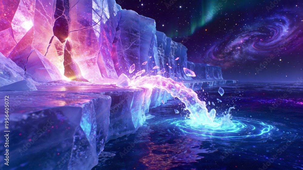 Cosmic Ice Displacement mapped ice shelf calving into glowing cosmic ocean with ...